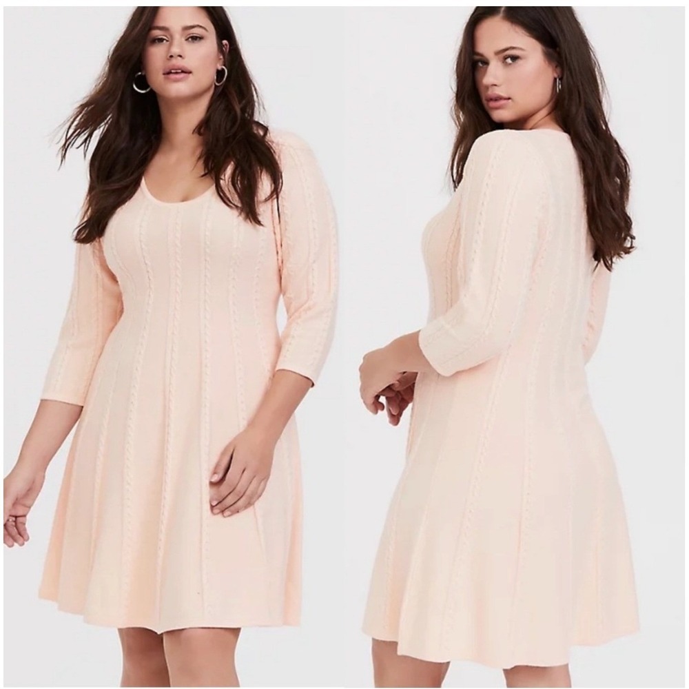 Torrid Cable‎ Knit Sweater Dress Fit n Flare 3/4 Sleeve Pastel Peach Pink 3/3X